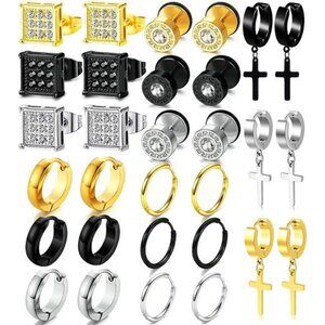 15 Pairs Earrings Set for Men, Black Silver 14K Gold Plated Earrings